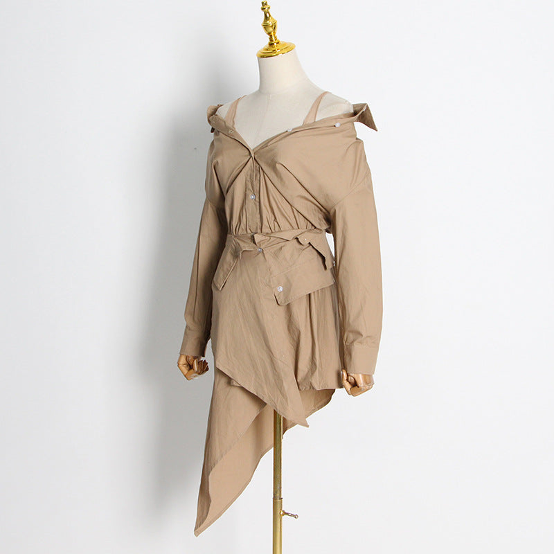 Spring New Fashion Temperament Of The Girl A Line Collar Single Breasted Muslin Patchwork Vest Asymmetrical Dress Female