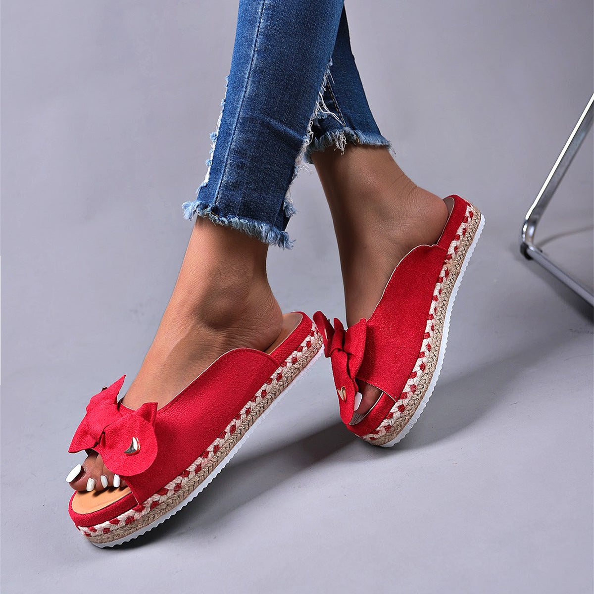 Thick Bottom One Line Sandals Female New Large Size Bow Outside To Wear Beach Slippers