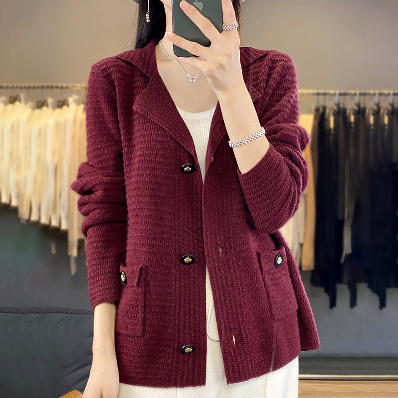 Autumn And Winter Knitted Suit Collar Loose Sweater Coat Slimming Top Knitted Sweater Pure Wool Cardigan Women
