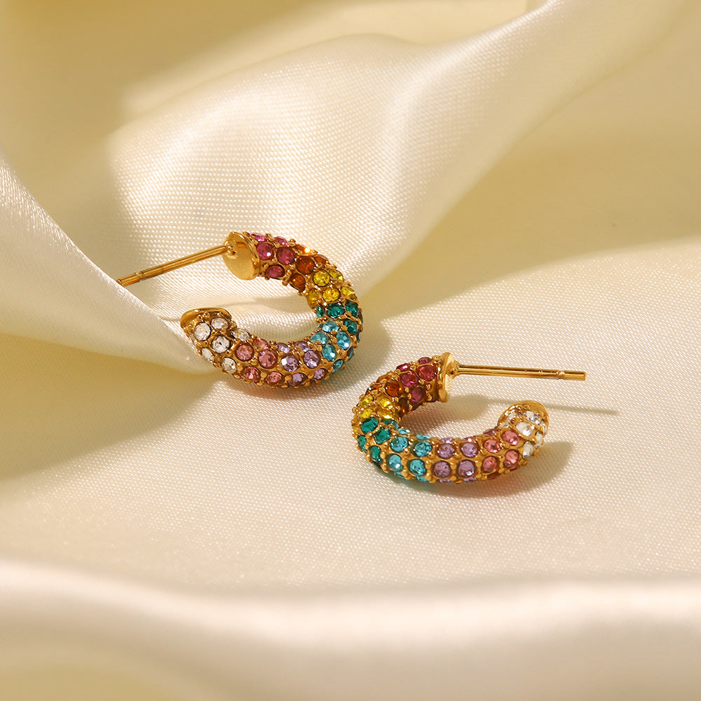5pcs New Fashion Earrings 18K Gold Plated Stainless Steel Inlaid With Colored Zircon Ring Earrings