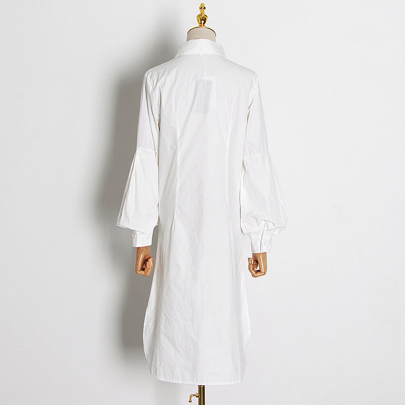 Sexy Shirt Dress New Spring Fashion Women's White Lantern Sleeve Mid-Length Dress Women