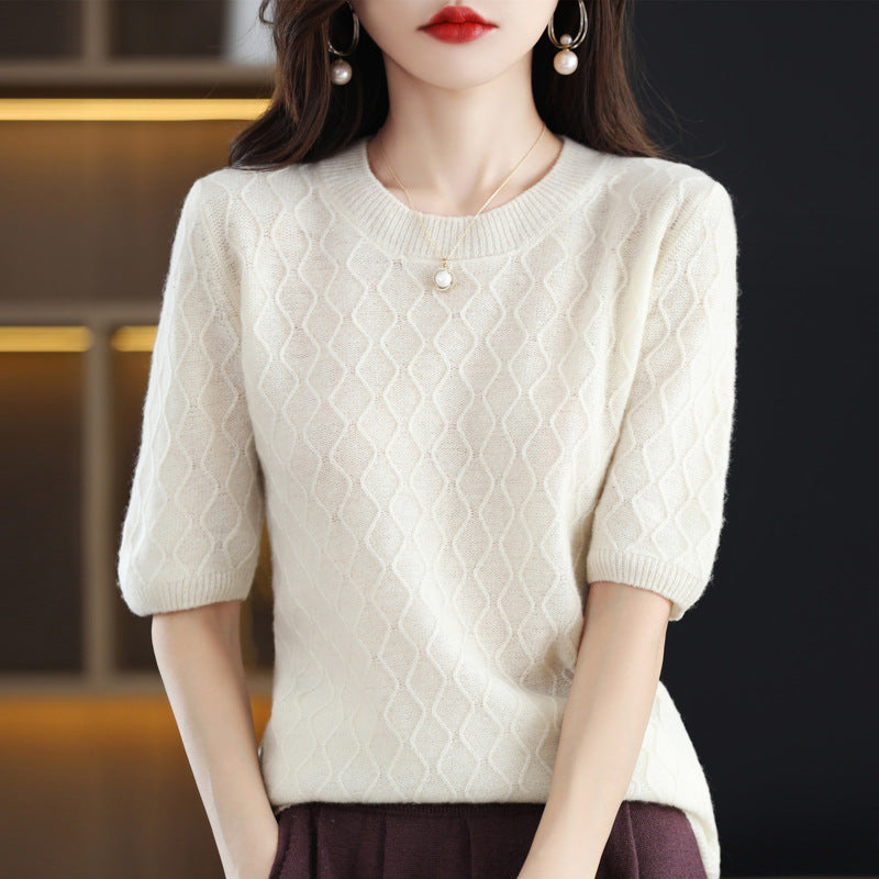 New 100% Pure Woolen Sweater Women Round Neck Short Sleeve Bottom Shirt Fashion Half Sleeve Knitted Top Fashion Pattern