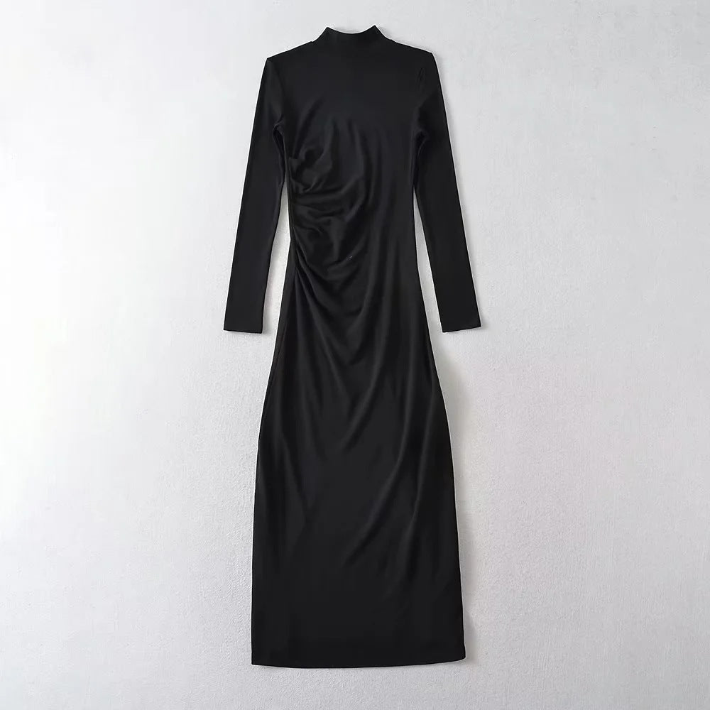 Female New Spring New Sexy Spice Girl Pure Wind Half High Neck Long Sleeve Pleated Dress