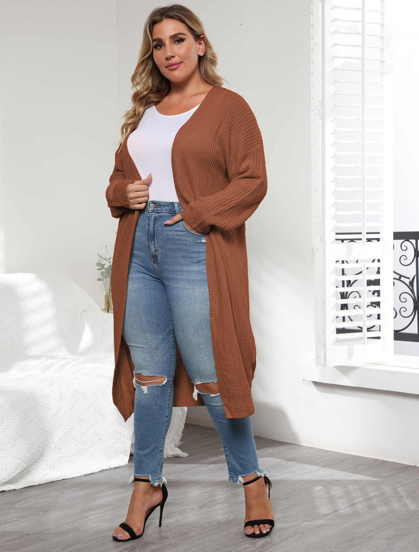 Women's Coat Simple Fashion Large Size Women's Woven Unbuttoned Mid-Long Sweater Cardigan