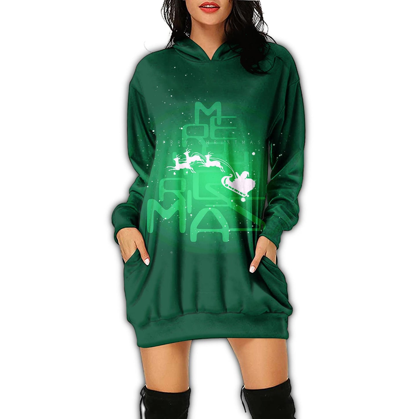 Autumn Women's Print Casual Long-Sleeved Hoodie Dress Christmas Holiday Party Dress