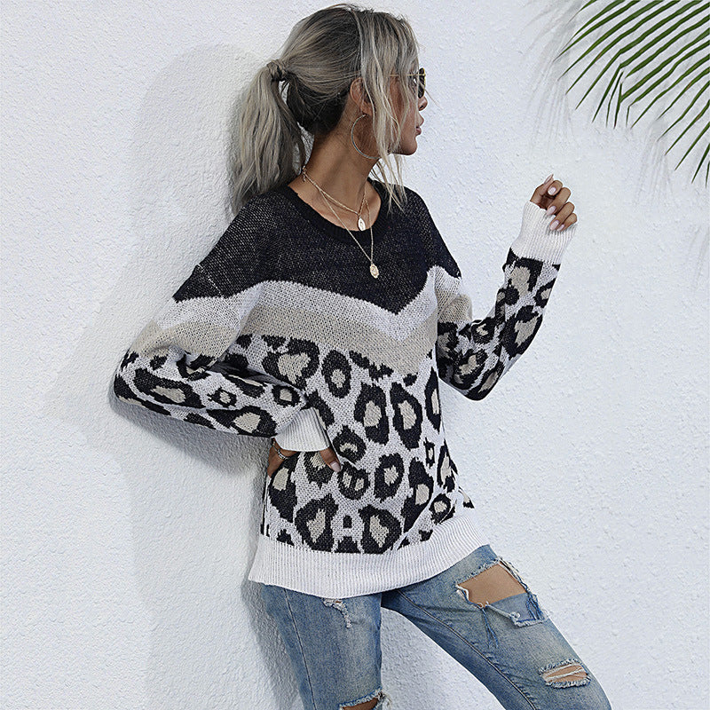 Autumn Leopard-Print Color Matching Long-Sleeved Loose Mid-Length Crew-Neck Sweater Woman