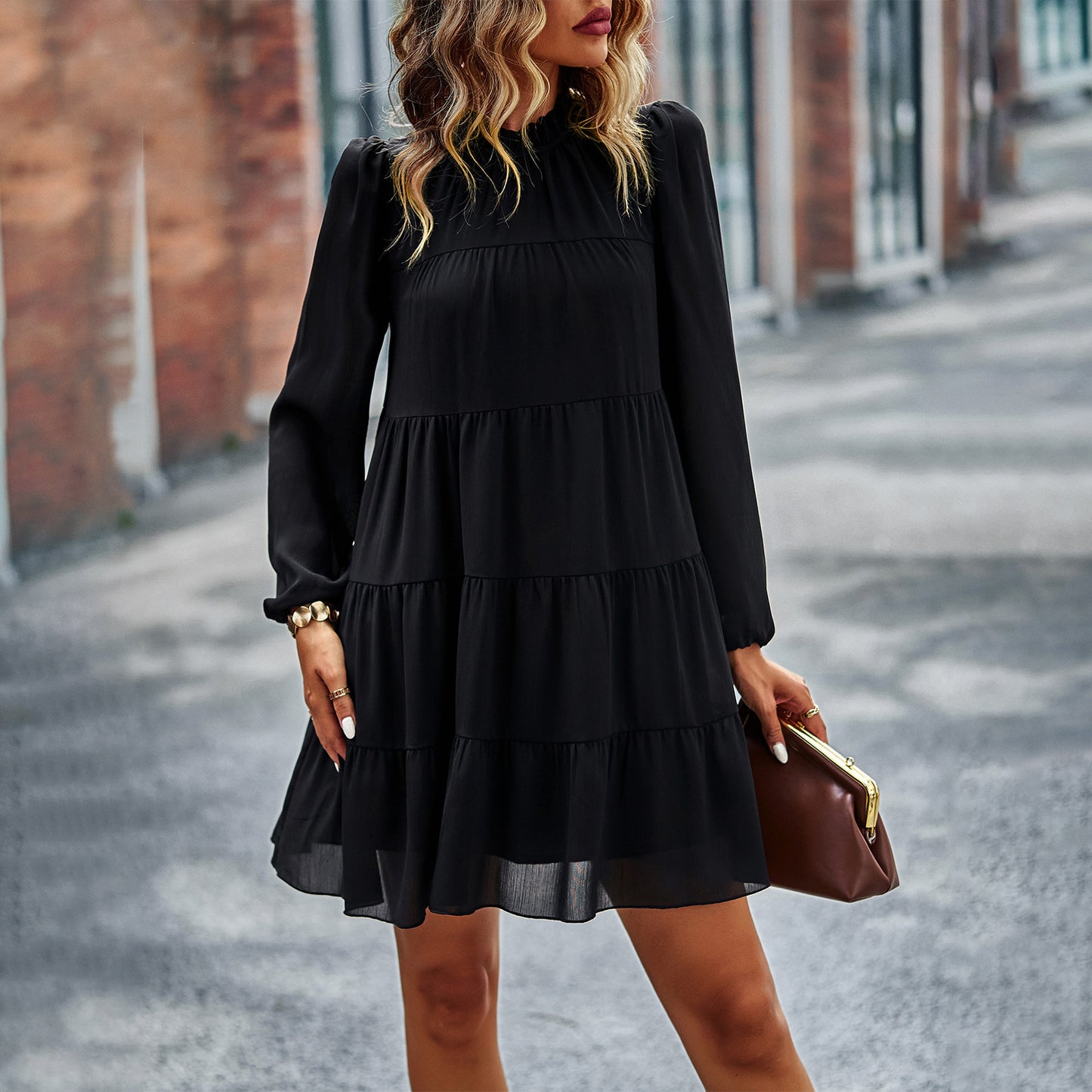 Round Neck Long Sleeve Loose Dress Spring And Autumn Seasons Casual A-Line Skirt Temperament