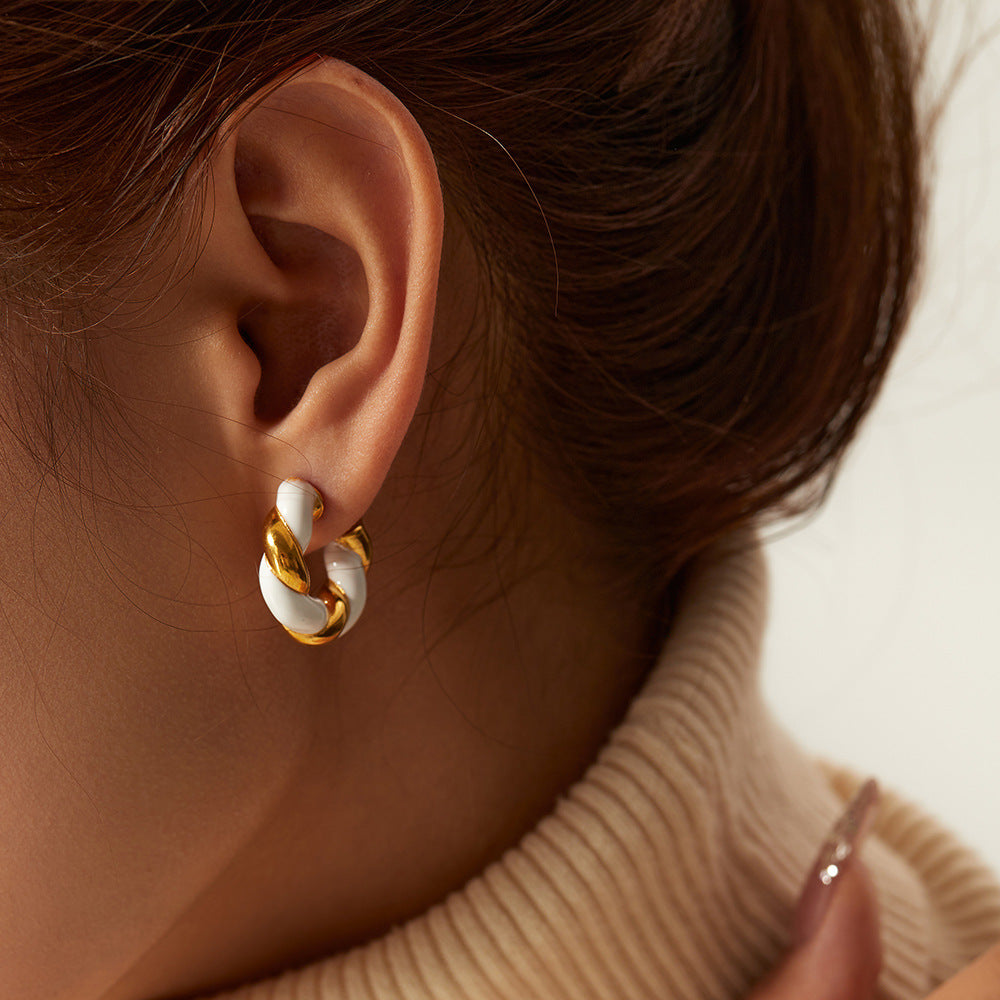 5pcs New Fashion Earrings For Women 18K Gold White Drop Oil Twist C Earrings Stainless Steel Earrings
