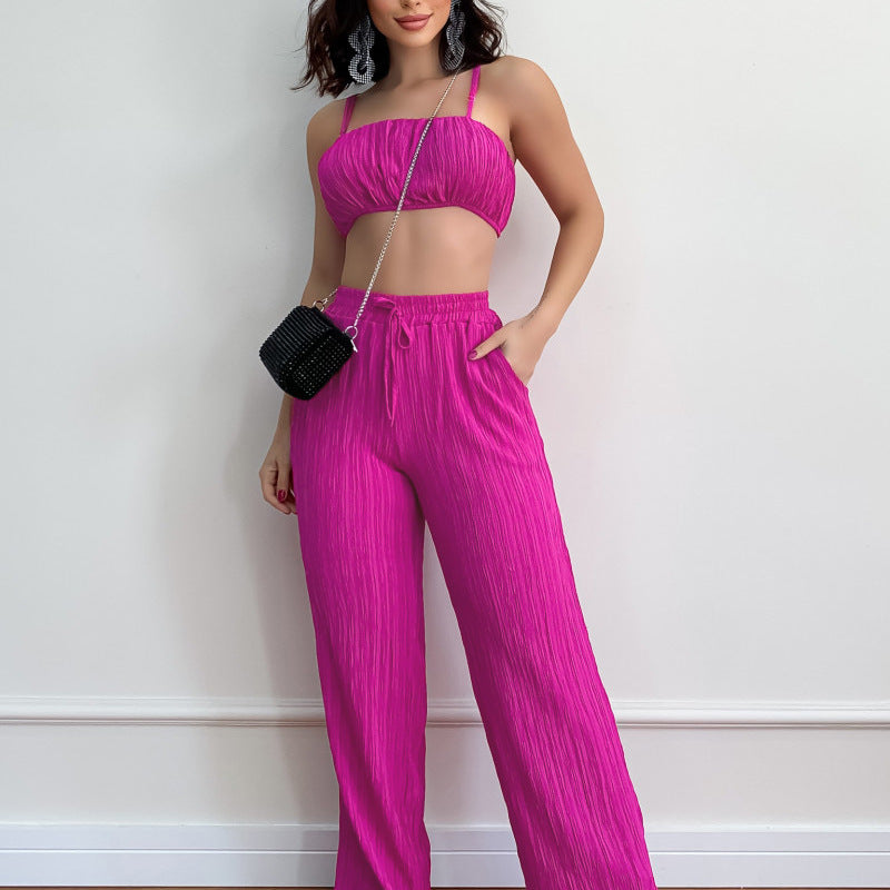 Summer Suit Women Solid Color Sleeveless Waist Sexy Pants Women's Two-Piece Set