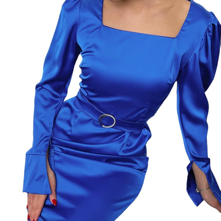 Sexy Color Satin Satin Dress Square Collar Slim Temperament Commuter Women's Autumn And Winter New
