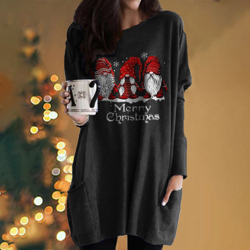 Santa Claus Printed Long Sleeve Pocket Round Neck T-Shirt Dress