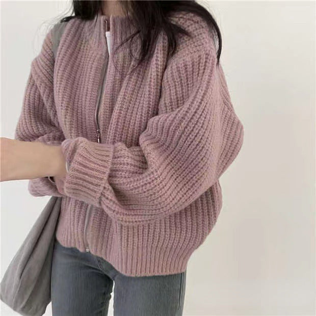 South Korea Autumn And Winter New Retro Lazy Loose Zipper Twist Sweater Coat Female Thick Line Knitted Cardigan