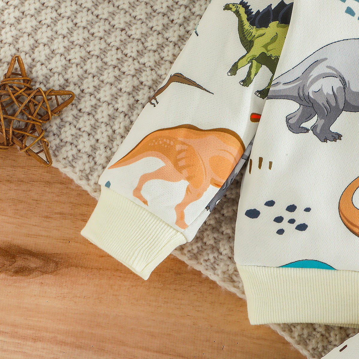 Autumn New Personalized Dinosaur Pattern Printed Children's Hooded Apricot Hoodie + Sweatpants Children's Suit