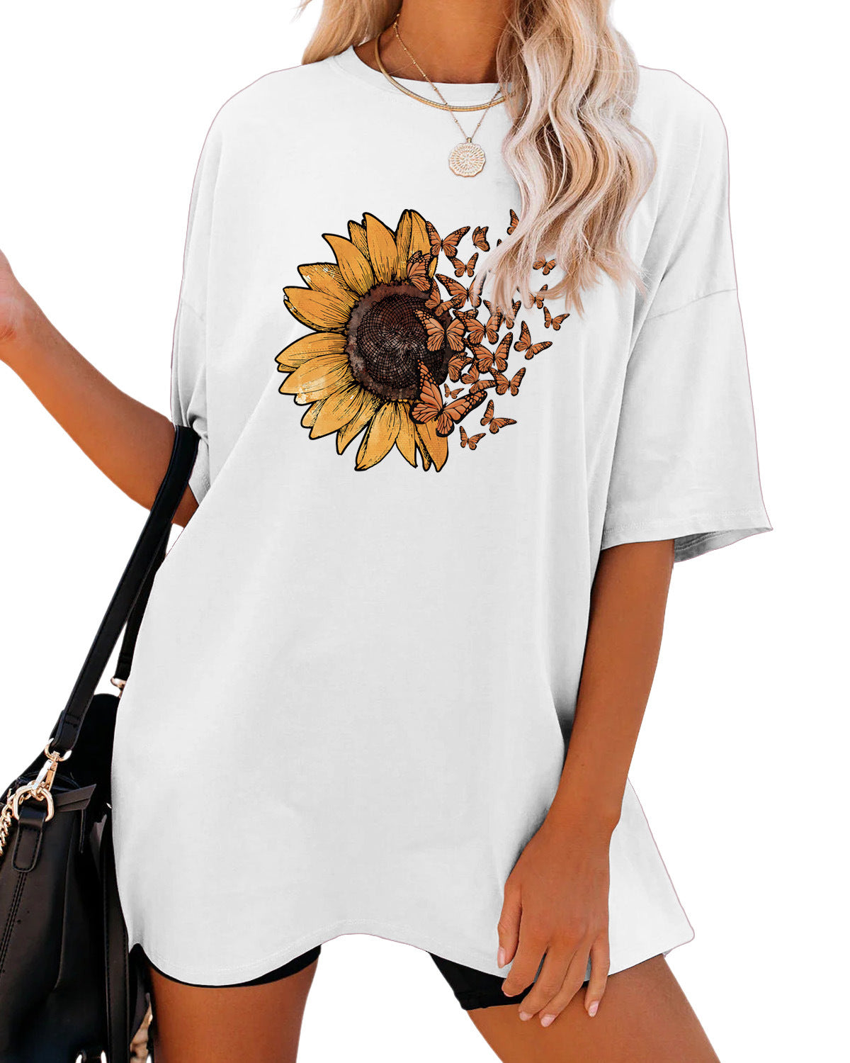 Casual Sunflower Print Loose T-Shirt Women's Round Neck Fashion Short Sleeve Shirt