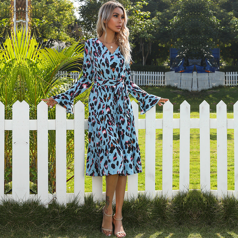 Fashion Women's Temperament Print Leopard Print Long-Sleeved Dress Autumn And Winter