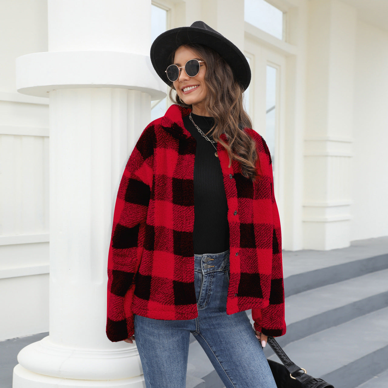 Mid-Length Autumn-Winter Button-Up Warm Coat Women's Retro Long-Sleeved Lapel Plaid Double-Sided Plush Coat
