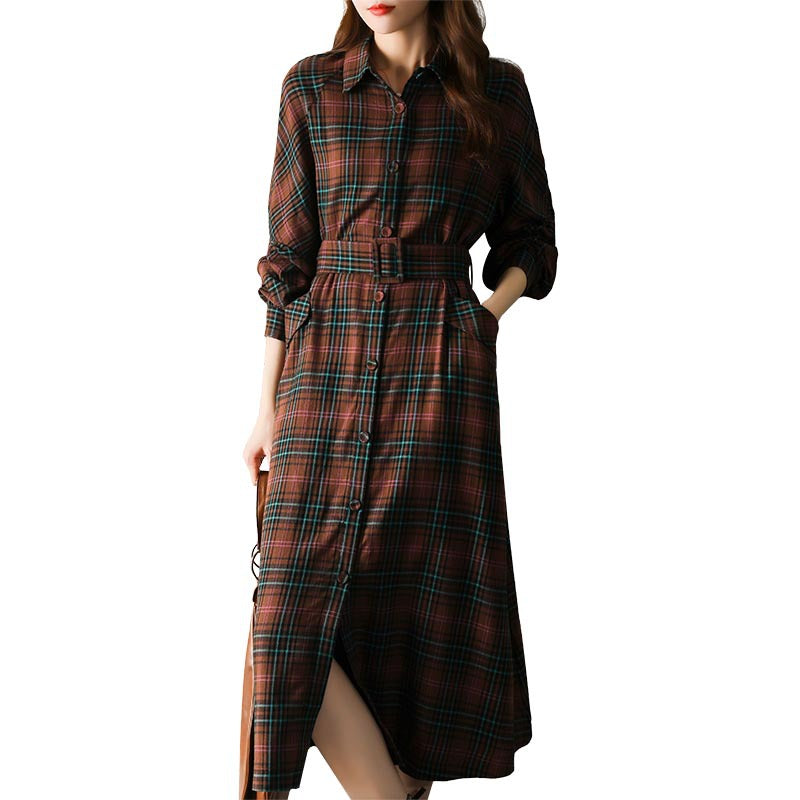 Fleece Plaid Lace-Up Waist Display Two Kinds Of Wear Coat Retro Dress