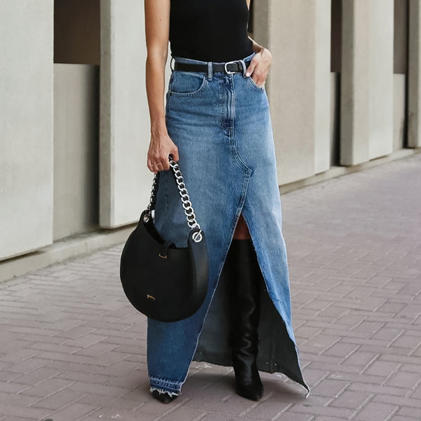 Summer Commute High-Waisted Slimming Split Blue Denim Skirt Skirt Vintage To Do Old Hip Wrap Skirt