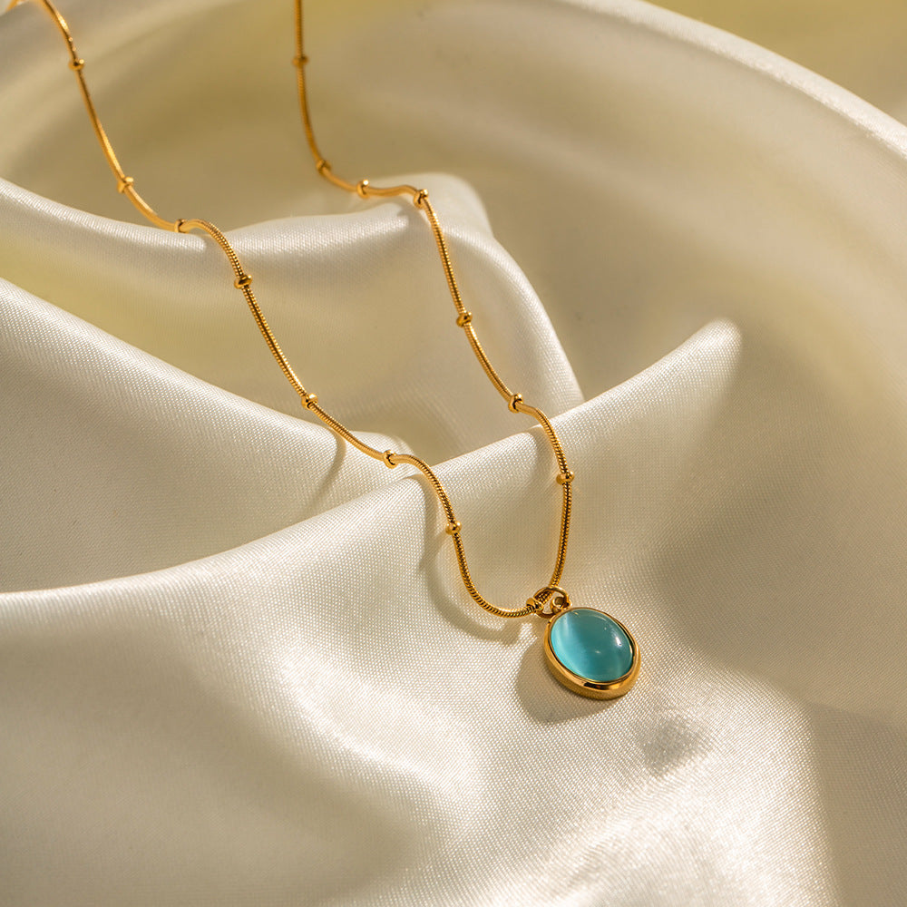 5pcs 18K Gold Plated Stainless Steel Blue Cat-Eye Necklace Does Not Fade Color Niche Design All Matching Accessories