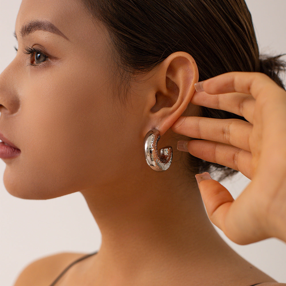 5pcs Geometric Premium Touch Steel Color Stainless Steel Chubby C-Shaped Hammer Design Earrings Jewelry Women
