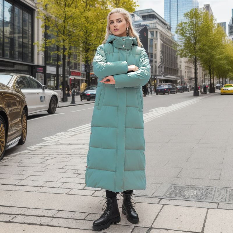 Over The Knee Long Padded Coat Women's Winter New Korean Version Of Fashion Slim-Fit Down Cotton Hooded Thick Padded Coat