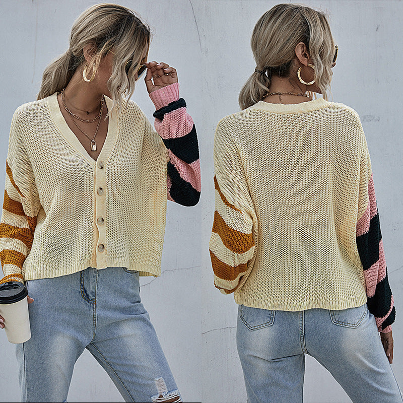 Women's Fashion Splicing Long-Sleeved Cardigan Sweater Spring And Autumn Coat Women