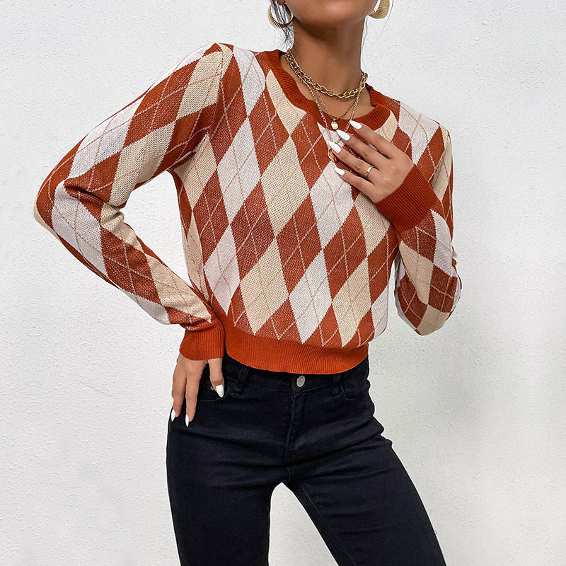 Autumn And Winter Chic Women's Long-Sleeved Ringer Check Sweater