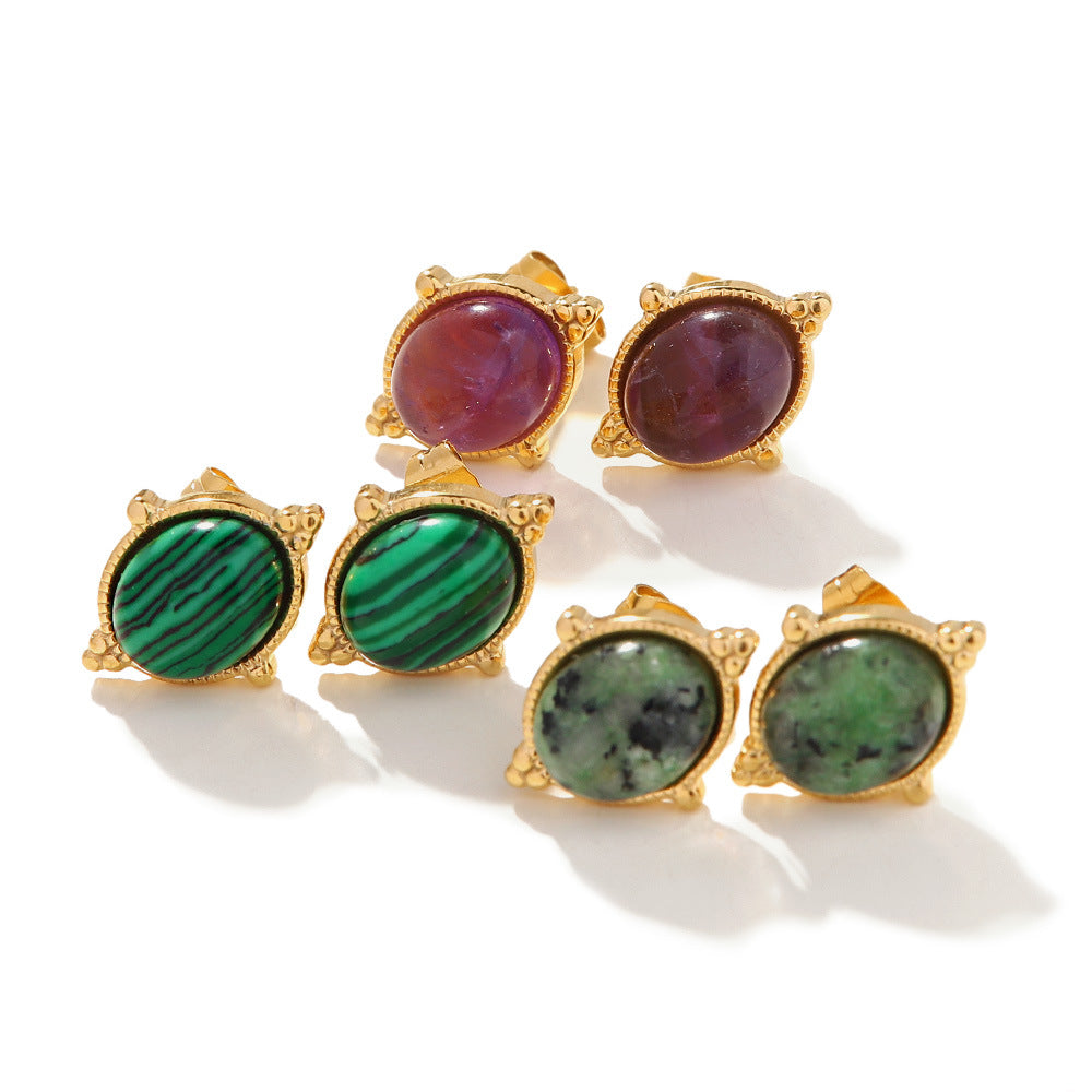 5pcs 18K Gold Plated Women Fashion All-Match Stainless Steel Oval Inlaid With Green Peacock Stone/African Pine Stone/Amethyst Earrings