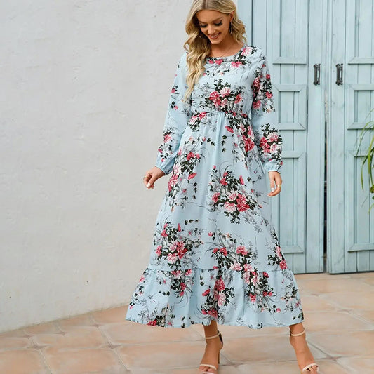 New Autumn And Winter Long Sleeve Long Dress Elegant Printed Round Neck Floral Swing Dress