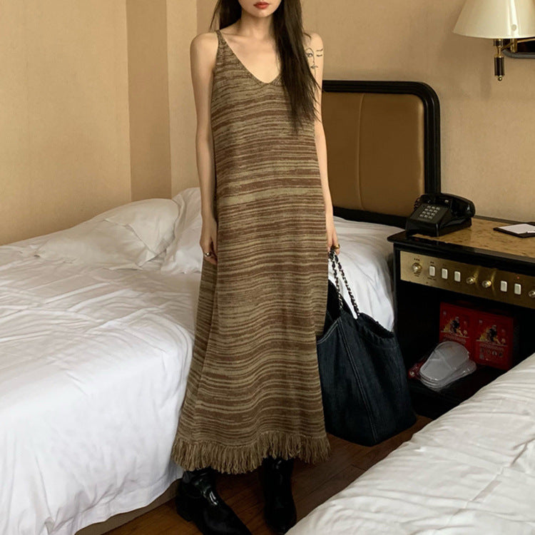 Vintage V-Neck Fringe Striped Knit Slip Dress Women's Spring And Autumn New Dress With A Bottom Over The Knee Skirt Summer