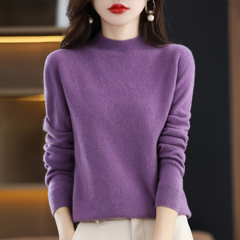 Half Turtleneck Woolen Sweater Women's Autumn And Winter Simple Everything Cashmere Sweater Loose Pullover Knitted Bottom