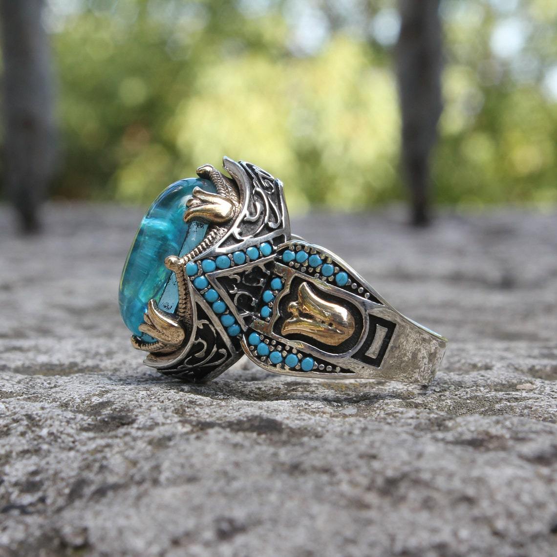 Carved Blue Gemstone Ring Two-Color Vintage Gemstone Wedding Ring