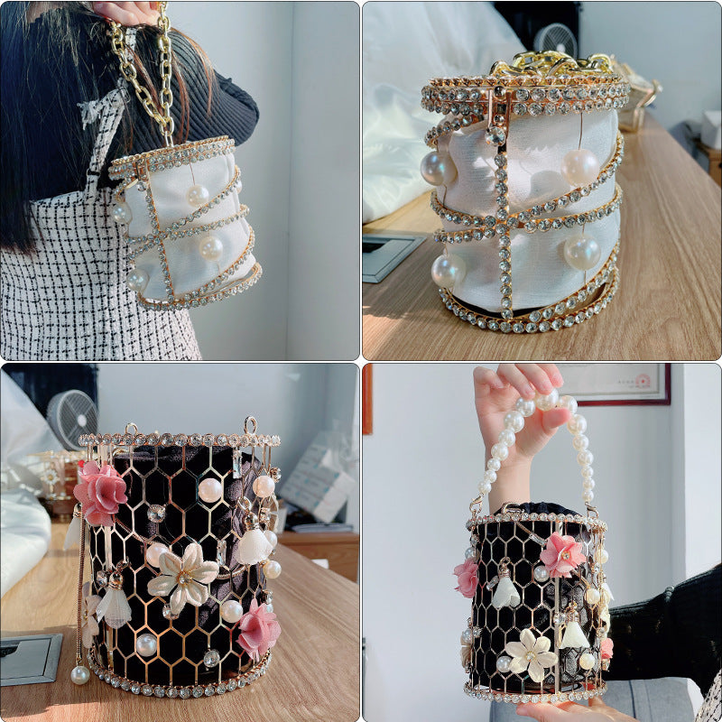 Summer New Popular Diamond-Encrusted Niche Diy Dinner Party Pearl Hand-Held Diagonal Banquet Bag