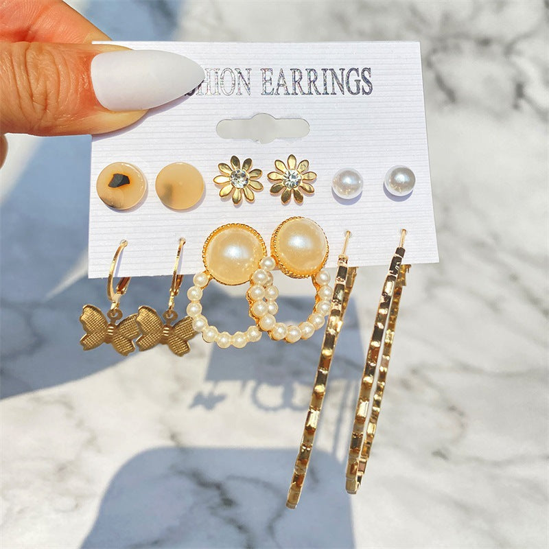 5 Sets New Retro Style Geometric Earrings 6 pairs Set Female Niche High-Grade Metal Stud Jewelry Set