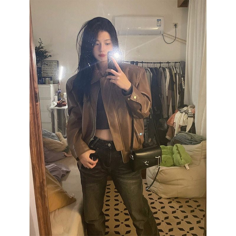 Brown Leather Coat Women Spring And Autumn New American Retro Senior Design Sense Of Niche Motorcycle Couple Jacket