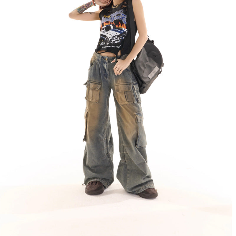 Retro Blue Low-Rise Jeans Women's Fall Y2K Baggy Wide-Leg Pants