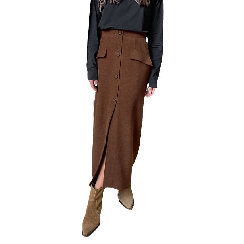 Fashion Retro Temperament Sense Of High-Waisted Slim-Fit Skirt Package Hip Skirt Sexy Slit Straight Skirt Long Skirt Autumn Dress