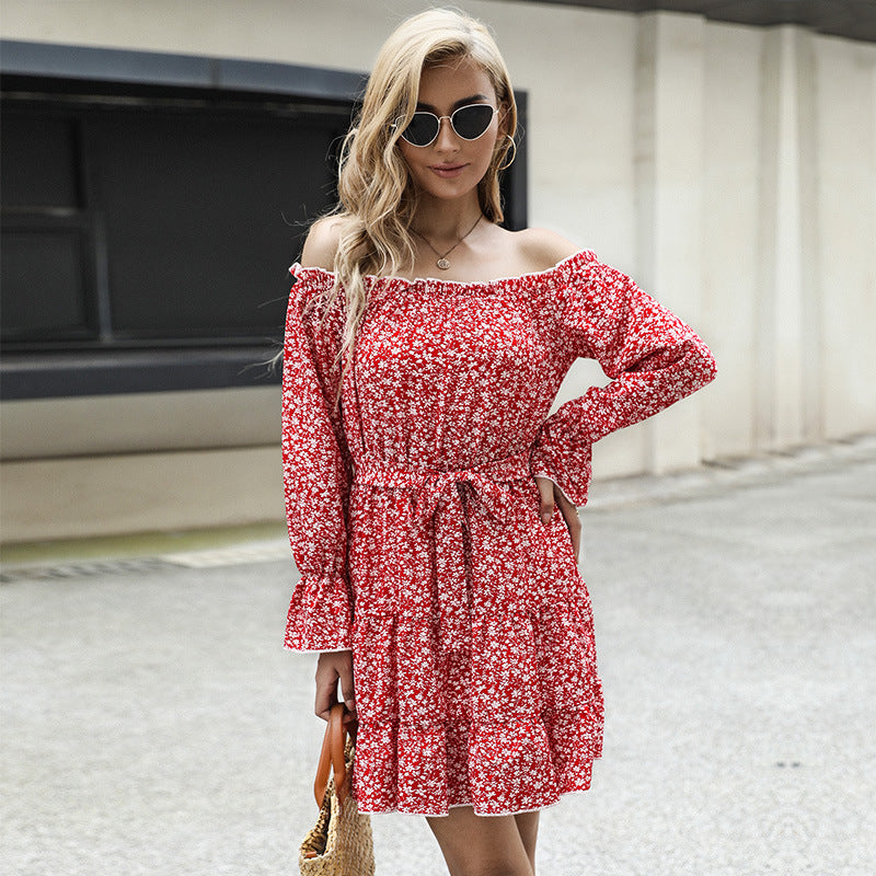 New Women's Floral Long-Sleeved Off-The-Shoulder One-Shoulder Dress