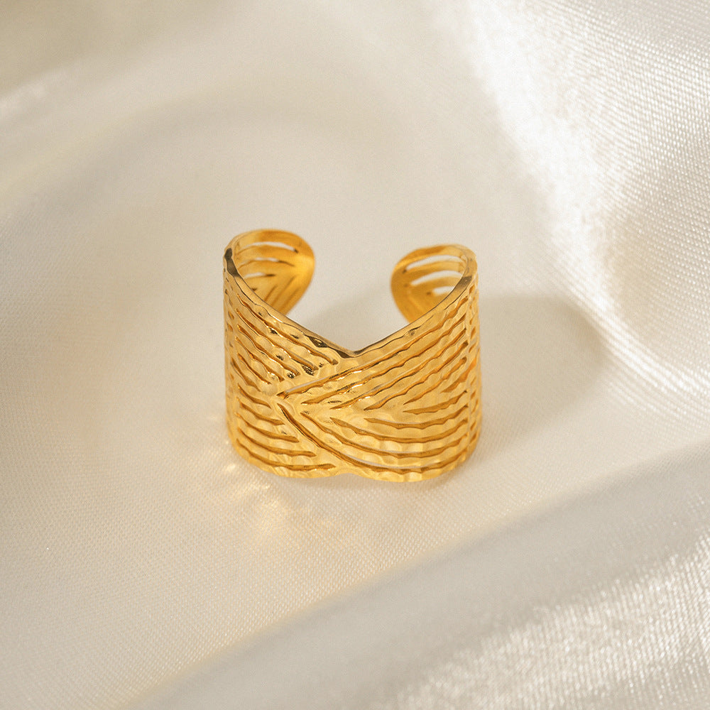 5pcs Niche Design Palace Style 18K Gold Plated Stainless Steel Cross Feeling Wide Open Ring Stainless Steel Ring