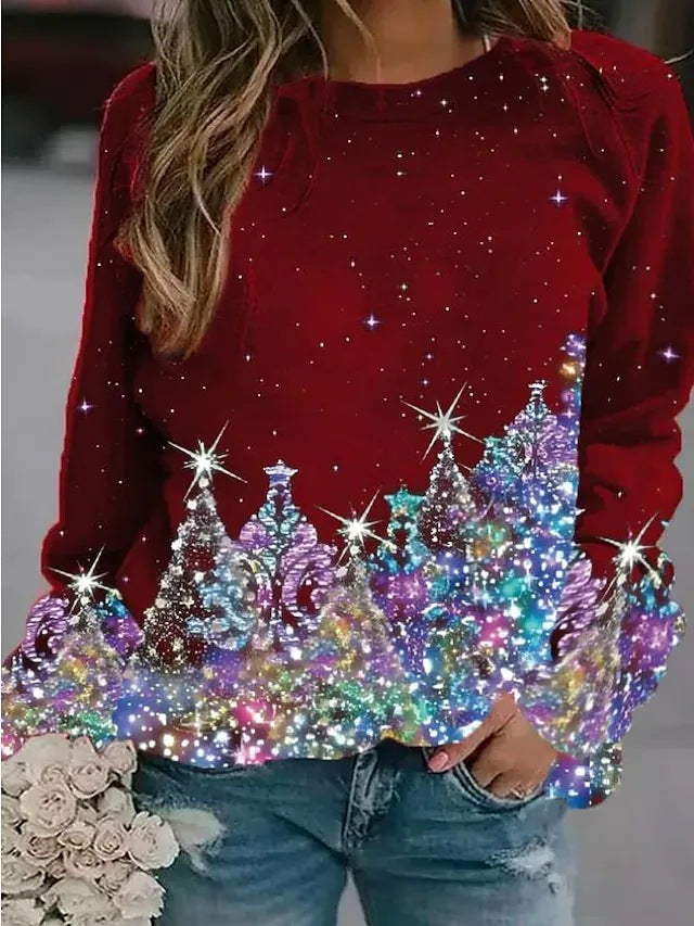 New Christmas Tree Sequin Pattern Holiday Regular Shoulder Neck Casual Sweatshirt Blouse