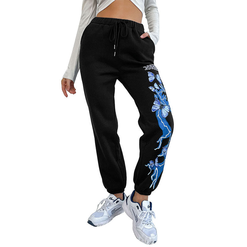 Women Have Pockets Of Chinese Style Printed Black Sports Straight Pants Women