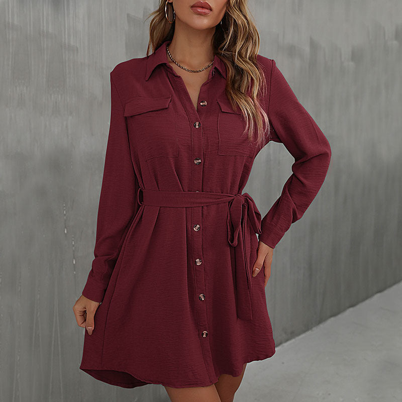 Early Autumn Fashion Dress Red Long-Sleeved Lapel Shirt Dress