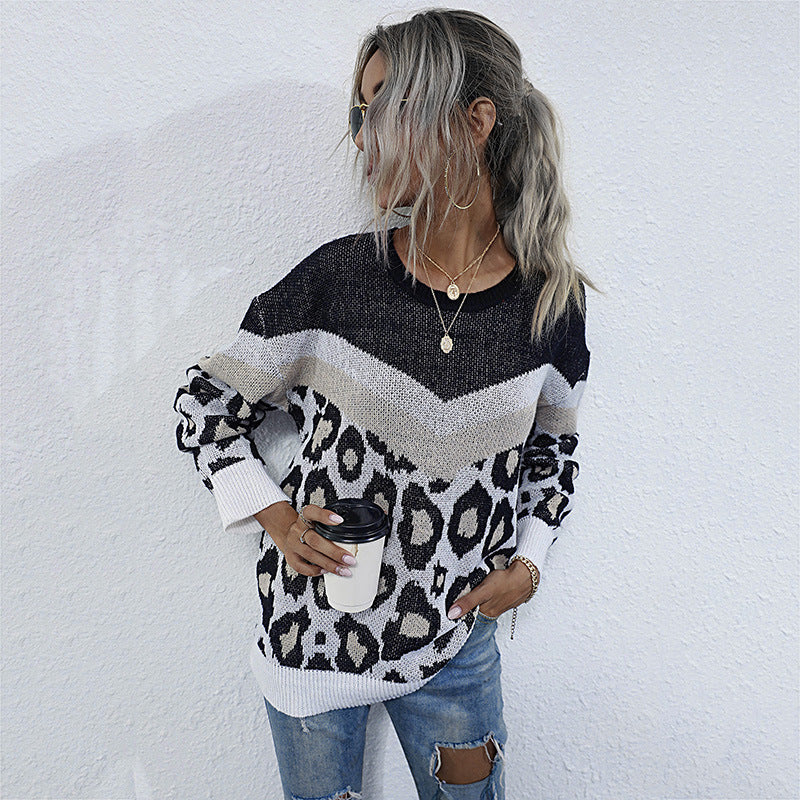 Autumn Leopard-Print Color Matching Long-Sleeved Loose Mid-Length Crew-Neck Sweater Woman
