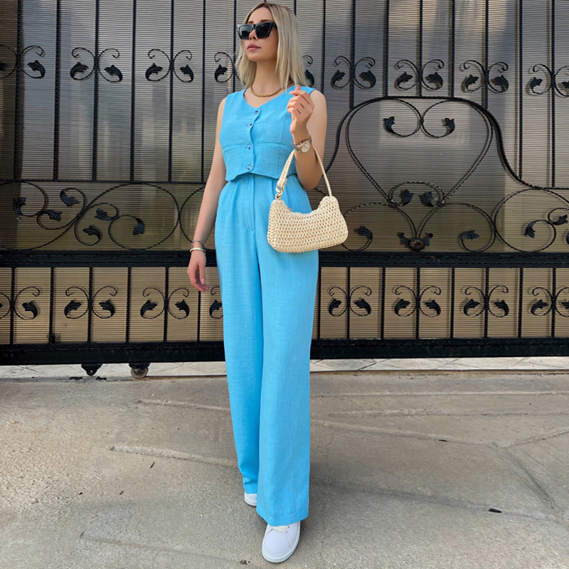 Women's Solid Color Sleeveless Vest V-Neck Short Summer Jacket And Trousers Two-Piece Set