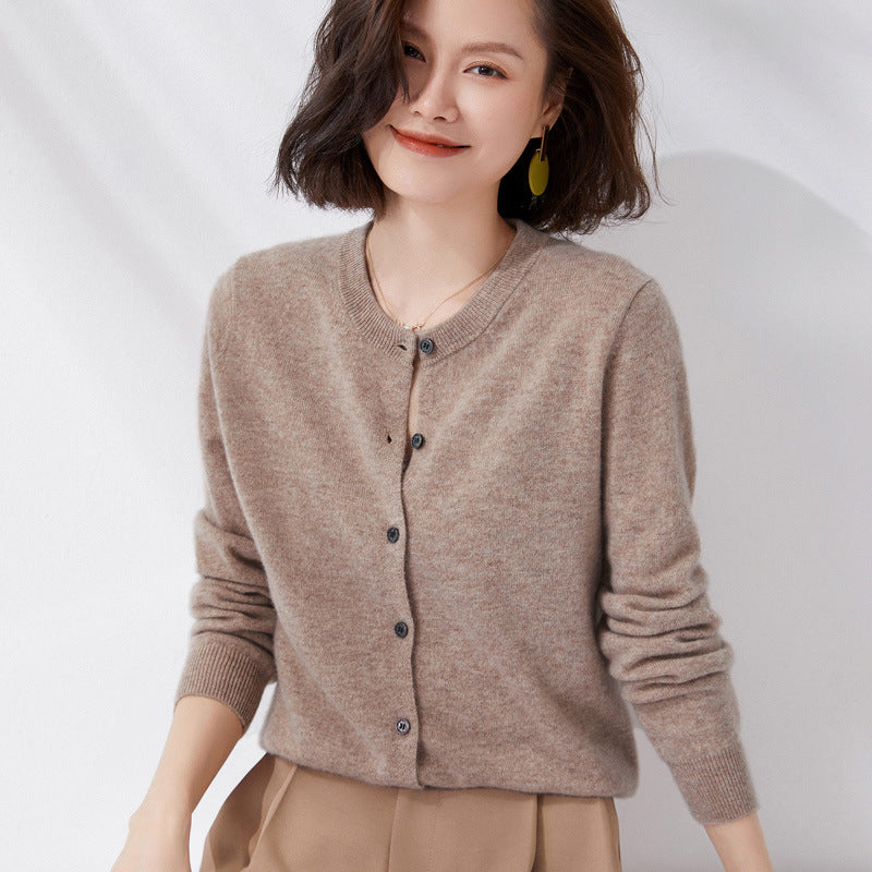 100 All-Wool Sweater Women's Knitted Crewneck Cardigan Casual Everyday Slimming Spring Cashmere
