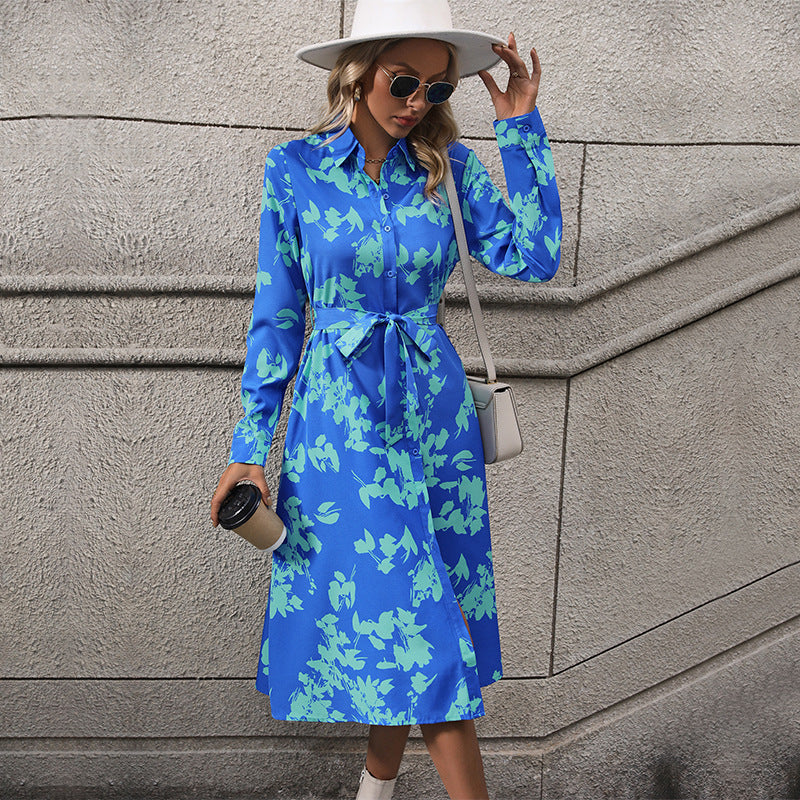 New Autumn Women's Long-Sleeved Lapel Print Dress