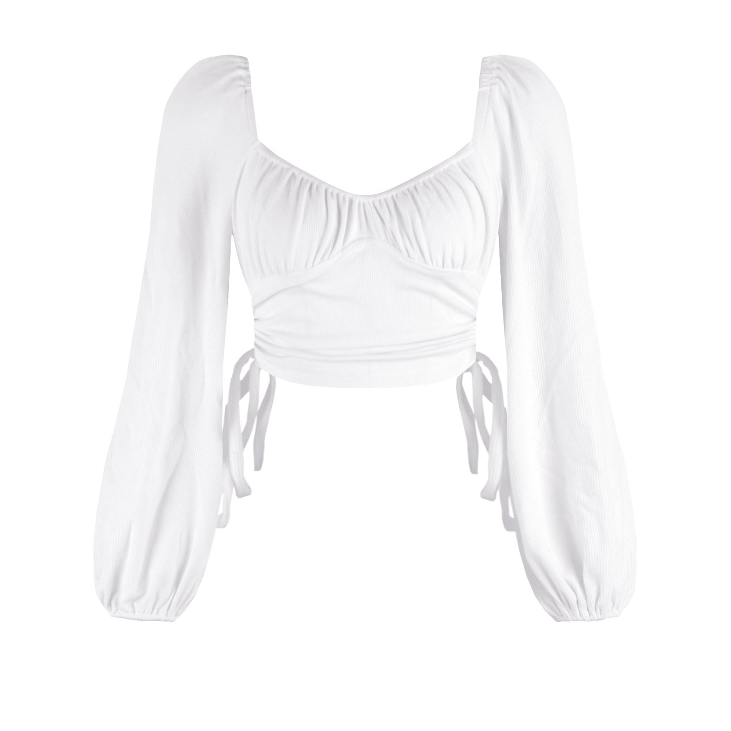 New Solid Color Sexy Square Neck Backless Autumn Drawstring Bm Top Fashion Lantern Sleeve Ribbed T-Shirt