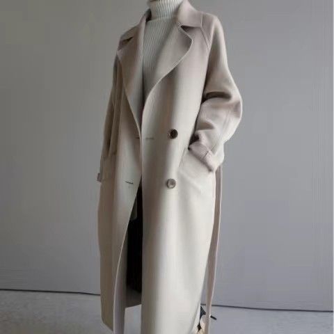 New Winter Medium Long Beige Woollen Waitmore Long Waisted Harajuku Over The Knee Woolen Coat