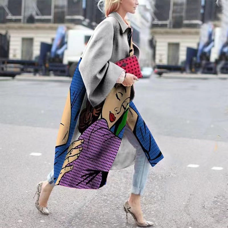 New Autumn Women's Long Sleeve Lapel Coat Printed Wool Long Coat