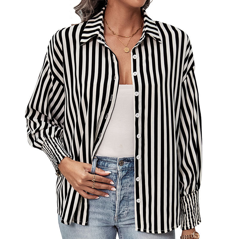 New Tops Long-Sleeved Black And White Striped Shirt Women